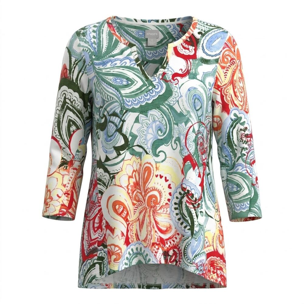 Chico's Multicolor Paisley Print 3/4 Sleeve Split Neck Top Women Size S